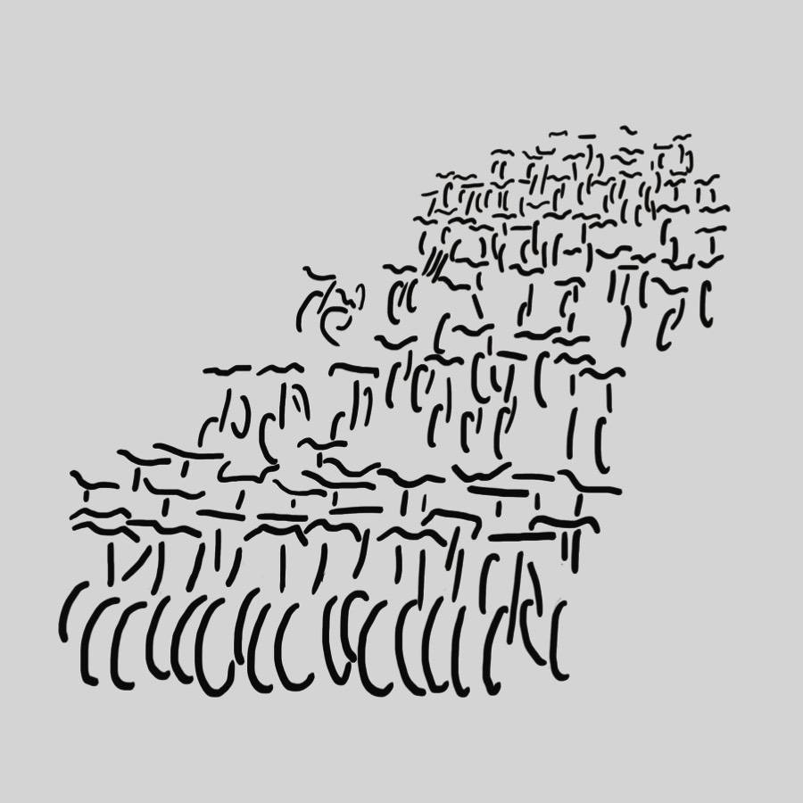 Mai+ Bologna - Opera dal titolo «asilo» - stilizzazione dell‘immagine originale che ritrae un accumulo di oltre 150 biciclette recuperate negli ultimi 8 anni dallo stato di abbandono, e conservate in una zona laterale della stazione ferroviaria di Bologna